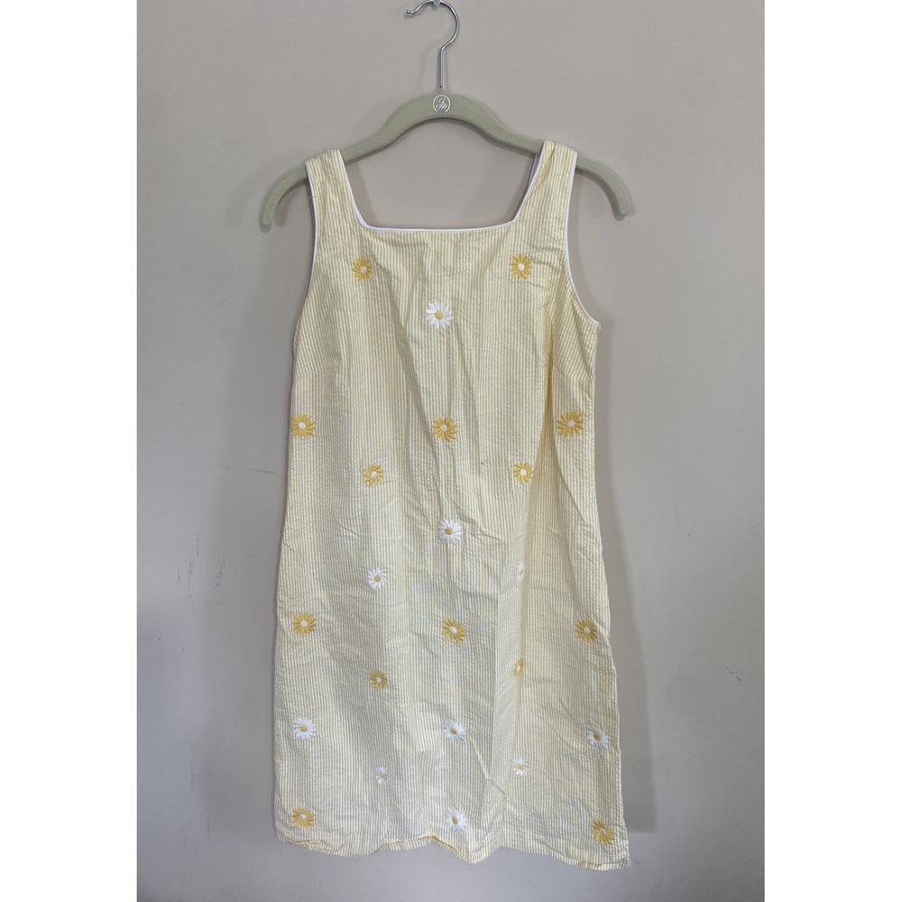 Talbots Petite Womens Sz 8 Seersucker Yellow Daisy Shift Dress Resort Beach